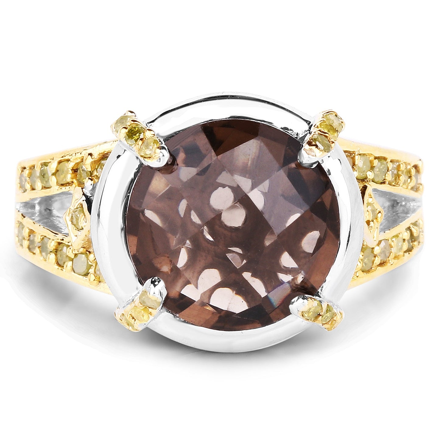 3.28 Carat Genuine Smoky Quartz and Yellow Diamond .925 Sterling Silver Ring