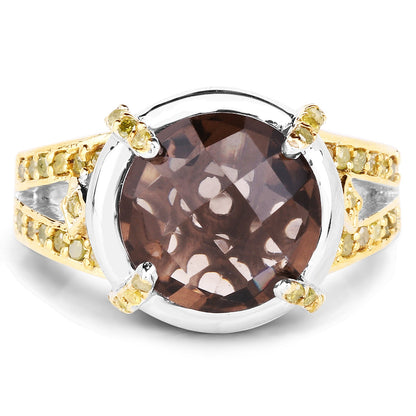 3.28 Carat Genuine Smoky Quartz and Yellow Diamond .925 Sterling Silver Ring