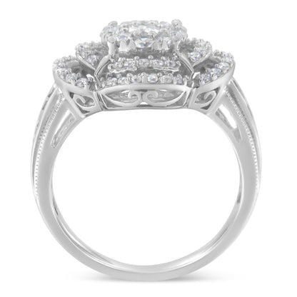 14K White Gold 1.0 Cttw Round & Baguette Cut Diamond Floral Cluster Quatrefoil Channel Set Band Cocktail Statement Ring (H-I Color, SI2-I1 Clarity) - Size 6-3/4