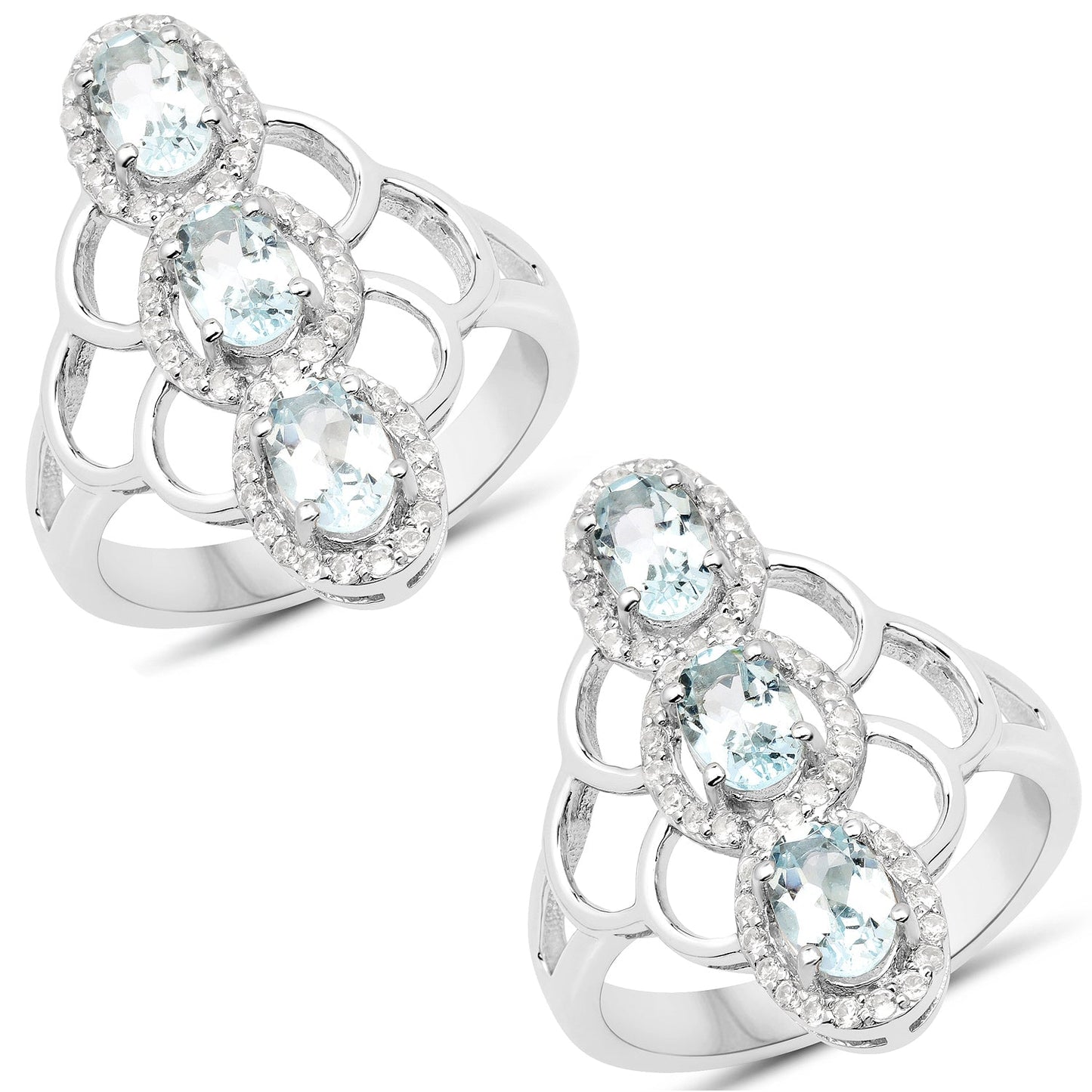 1.54 Carat Genuine Aquamarine and White Zircon .925 Sterling Silver Ring