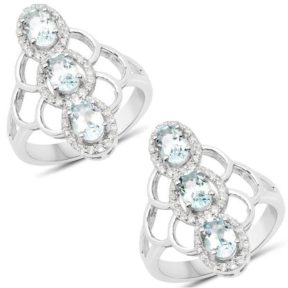 1.54 Carat Genuine Aquamarine and White Zircon .925 Sterling Silver Ring