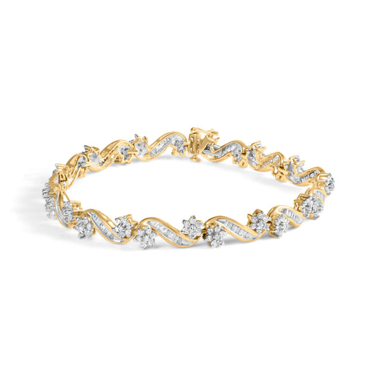 Bracelet 7,25" en or jaune 10 carats avec maillons floraux sertis de diamants ronds et baguettes 3,00 carats (couleur I-J, pureté I1-I2)