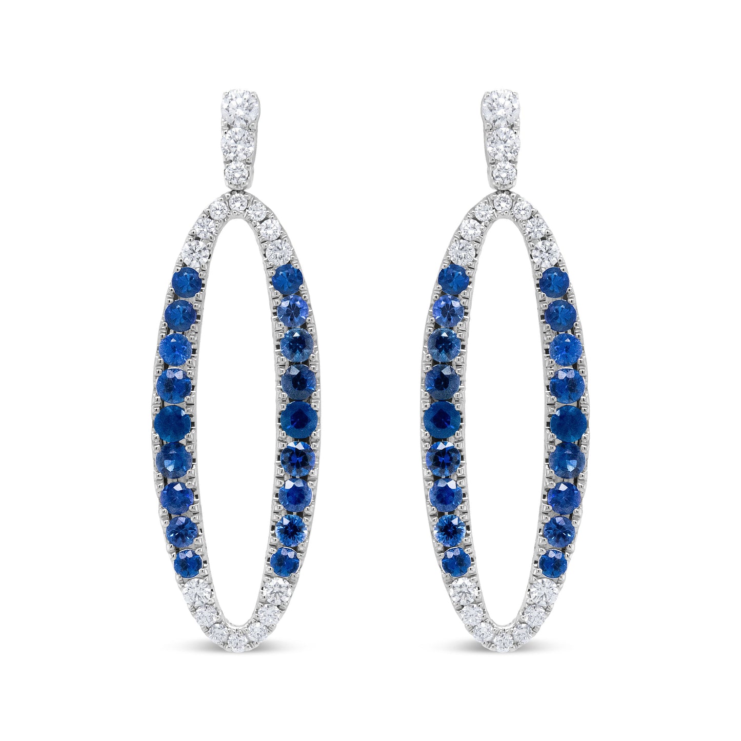 18K White Gold 1.11 Cttw Blue Round Diamond and Blue Sapphire Openwork Oval Shaped Dangle Earrings (F-G Color, VS1-VS2 Clarity)