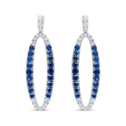 18K White Gold 1.11 Cttw Blue Round Diamond and Blue Sapphire Openwork Oval Shaped Dangle Earrings (F-G Color, VS1-VS2 Clarity)