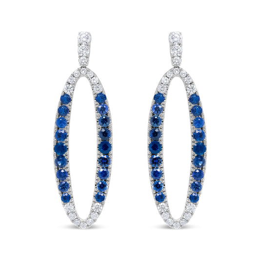 Boucles d'oreilles pendantes ovales ajourées en or blanc 18K avec diamants bleus ronds de 1,11 Cttw et saphirs bleus (couleur F-G, pureté VS1-VS2)