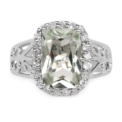 3.94 Carat Genuine Green Amethyst and White Topaz .925 Sterling Silver Ring