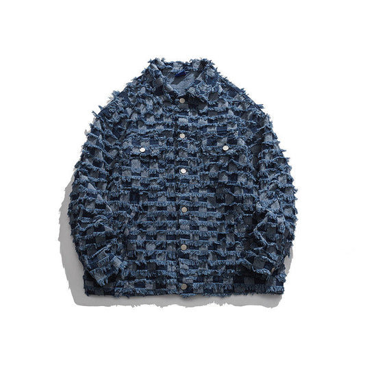 Chaqueta de Mezclilla con Estampado de Cuadros y Cuello de Borrego