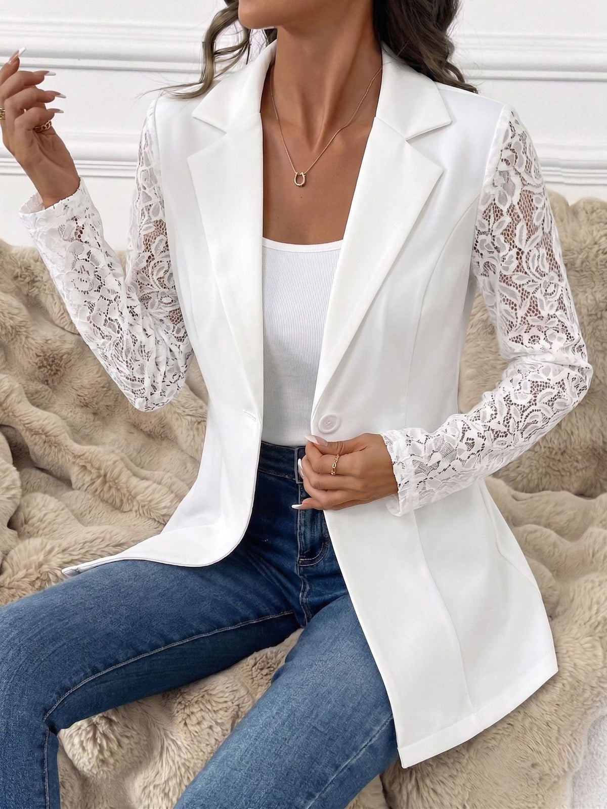 European And American Cross-border 2026 Autumn New Fashion Lapel Slim-fit One-button Blazer With Lace Long-sleeve Patchwork Jacket