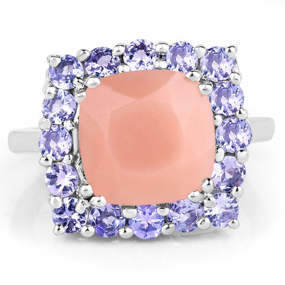 6.70 Carat Genuine Peach Moonstone and Tanzanite .925 Sterling Silver Ring