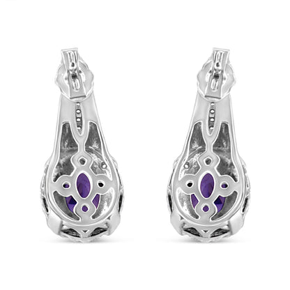 .925 Sterling Silver 8x6 MM Natural Oval Purple Amethyst Gemstone and Diamond Accent Art Deco Style Drop and Dangle Earrings (I-J Color, I1-I2 Clarity)