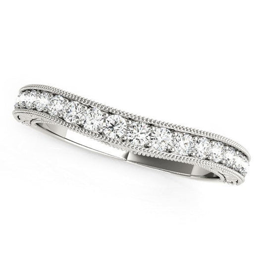 Bague de mariage en or blanc 14 carats avec bordure perlée et diamants incurvés (poids total 0,25 carat)