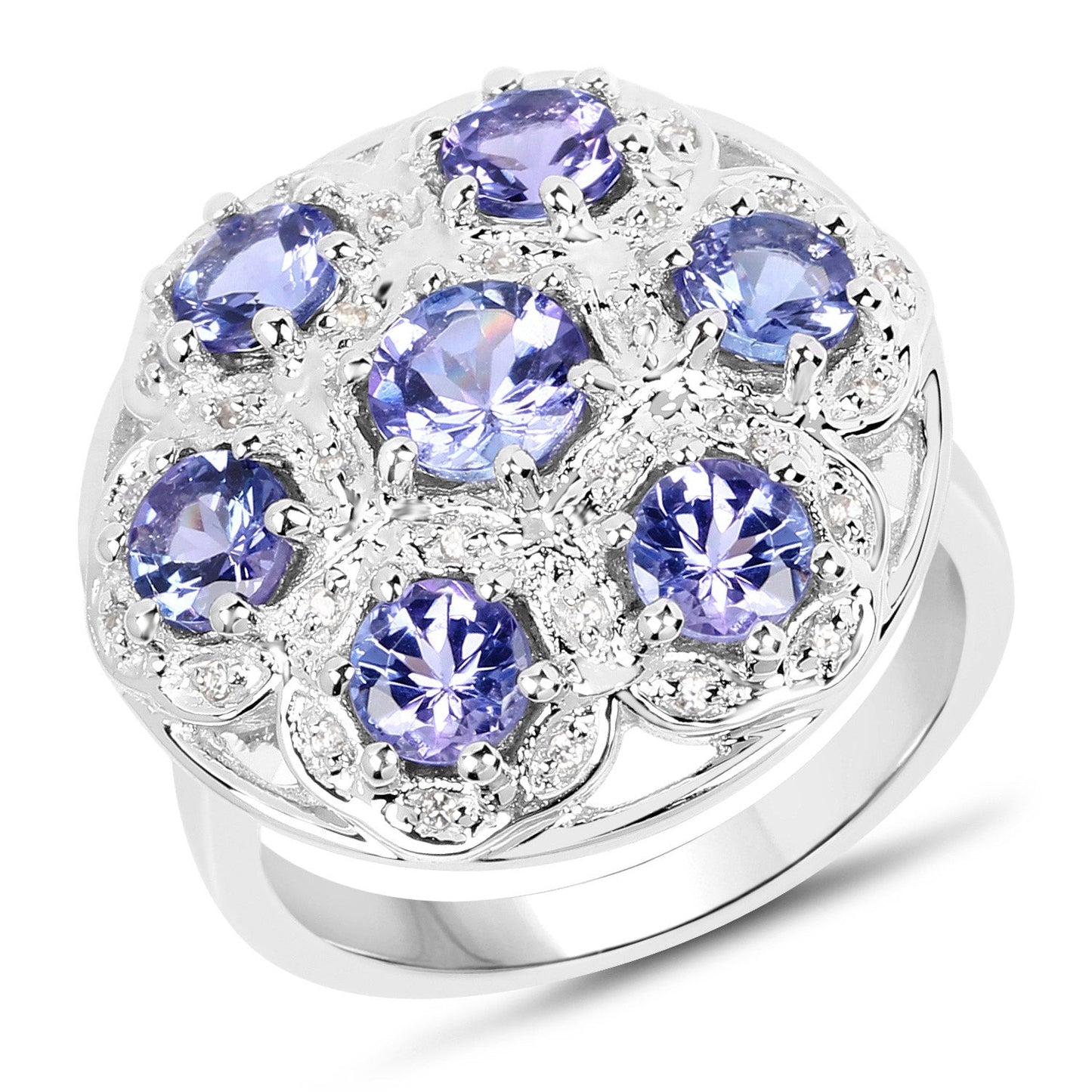 2.00 Carat Genuine Tanzanite and White Zircon .925 Sterling Silver Ring