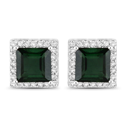 1.55 Carat Genuine Green Tourmaline and White Diamond 14K White Gold Earrings