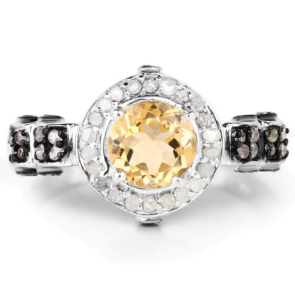 1.06 Carat Genuine Citrine, Champagne Diamond & White Diamond .925 Sterling Silver Ring