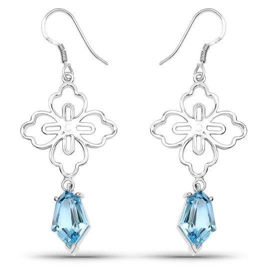Boucles d'oreilles en argent sterling 925 avec topaze bleue suisse véritable de 12,14 carats