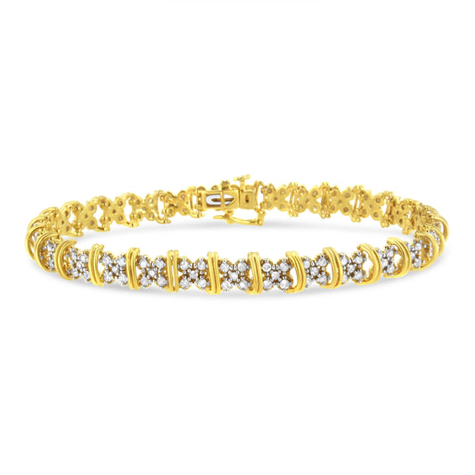 Bracelet à maillons en « X » avec grappe de diamants ronds de 2,0 carats en or jaune 10 carats plaqué argent sterling .925 (couleur H-I, pureté I3) - 17,8 cm