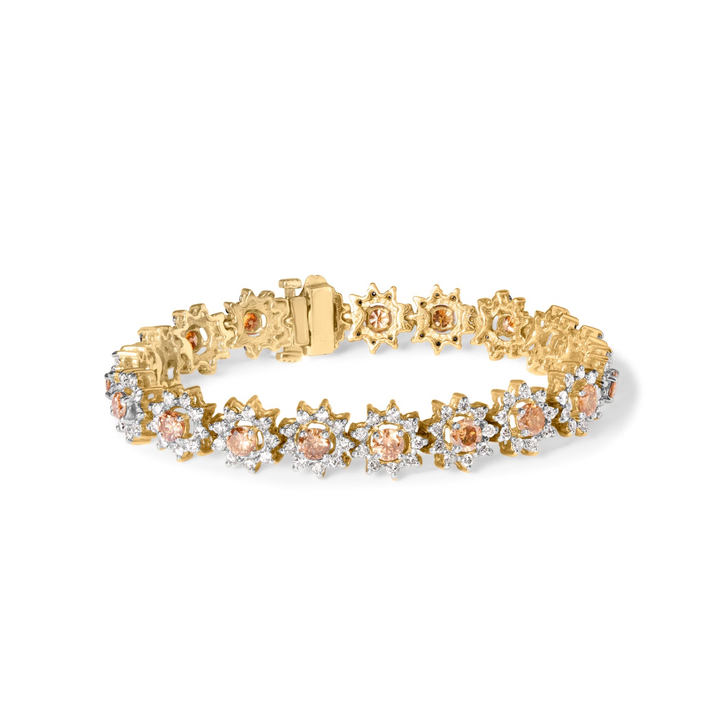 14K Yellow Gold 8.00 Cttw Champagne Diamond Floral Cluster Halo Link Bracelet (H-I Color, I1-I2 Clarity)