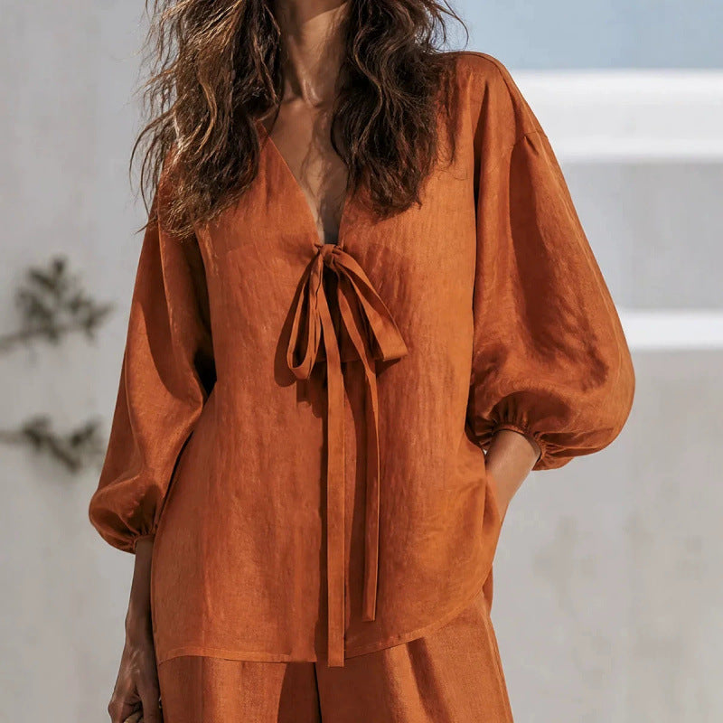 Independent Station Cross-border 2026 European And American Style Spring And Summer New Simple Casual Solid Color Lace-up Jacket Straight Pants Two-piece Set