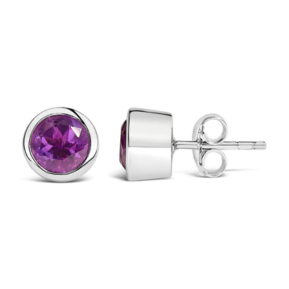 .925 Sterling Silver 6MM Bezel Set Created Purple Amethyst Solitaire Stud Earrings
