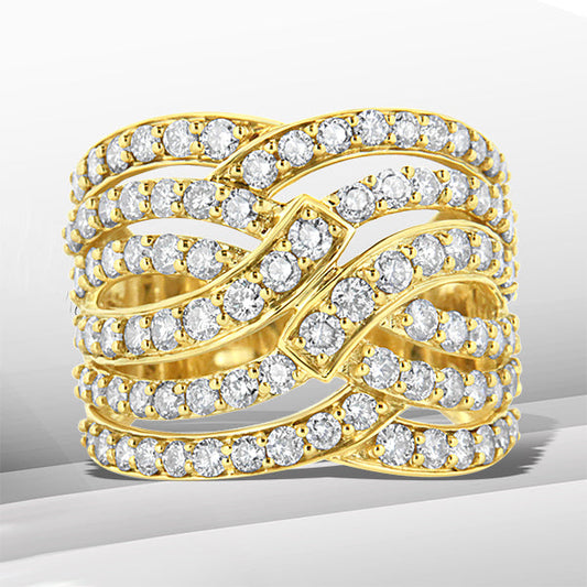 Bague cocktail multicouche en or jaune 10 carats avec diamant 3,00 carats, motif vague (couleur J-K, pureté I1-I2) - Taille 7