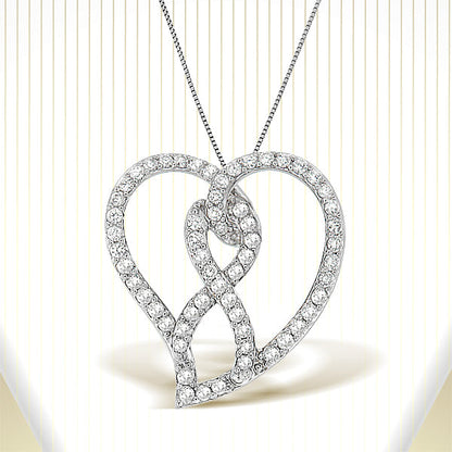 14K White Gold 1.0 Cttw White Diamond Awareness Ribbon & Open Heart 18" Pendant Necklace (H-I Color, I1-I2 Clarity) - White Diamond Ribbon