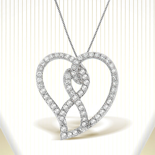 Collier pendentif 14K Or Blanc 1,0 Cttw Diamant Blanc Ruban de Sensibilisation & Cœur Ouvert 45,7 cm (Couleur H-I, Clarté I1-I2) - Ruban Diamant Blanc