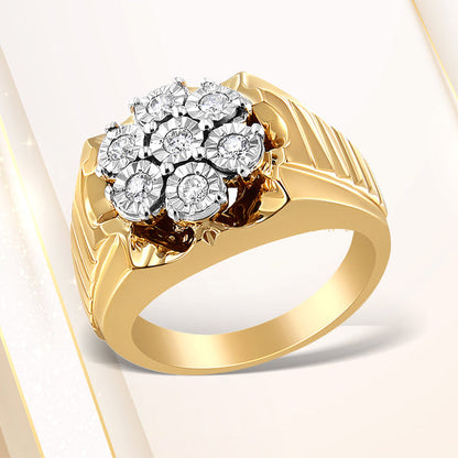 Men's 14K Yellow Gold Plated .925 Sterling Silver 1/3 Cttw Miracle-Set Floral Diamond Cluster Ring (I-J Color, I1-I2 Clarity) - Size 10