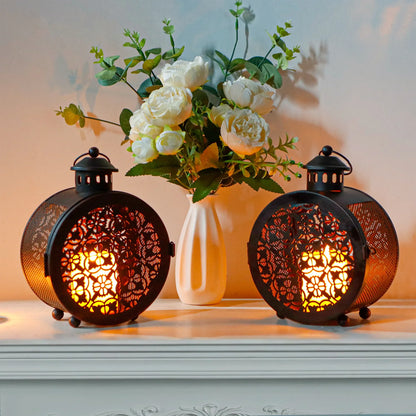 Set of 2 Round Vintage Metal Candle Lanterns 7.5" H