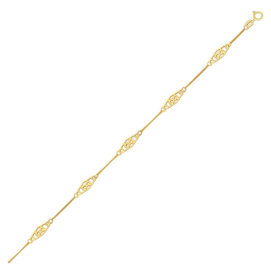 Gourmette de cheville en or jaune 14 carats avec motifs filigranes en forme de diamant fantaisie