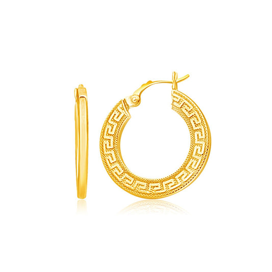 Boucles d'oreilles créoles moyennes à motif clé grecque en or jaune 14 carats, avec côtés plats