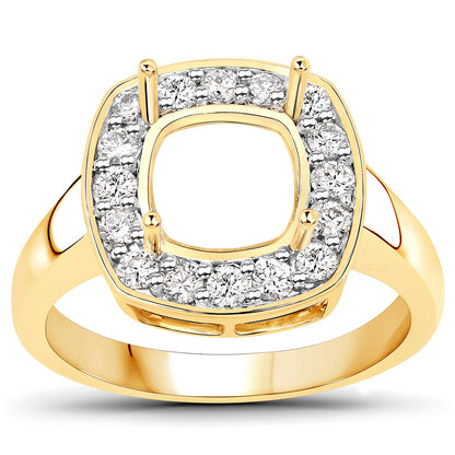 0.48 Carat Genuine White Diamond 14K Yellow Gold Semi Mount Ring - holds 8x8mm Cushion Gemstone