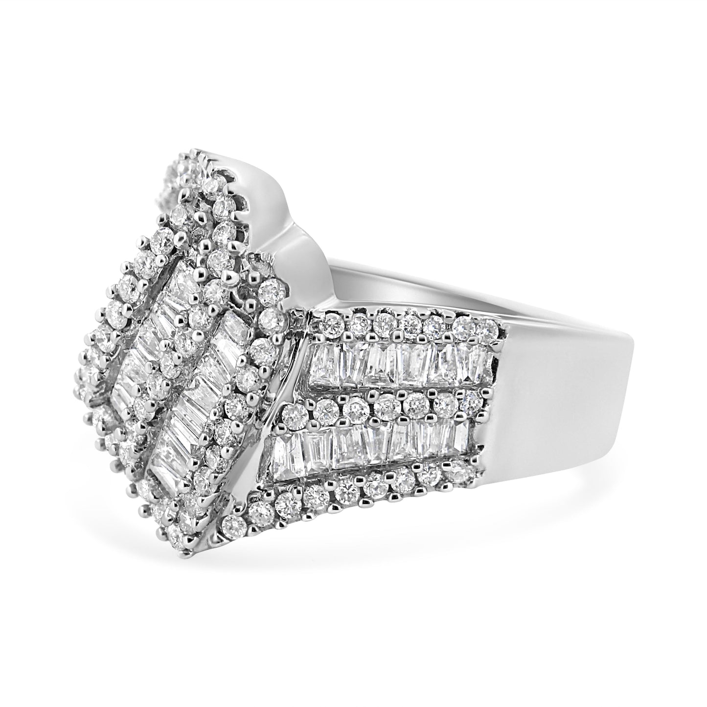 14K White Gold 1-1/2 Cttw Round and Baguette Diamond Bypass Cocktail Ring Band (H-I Color, SI1-SI2 Clarity) - Size 7