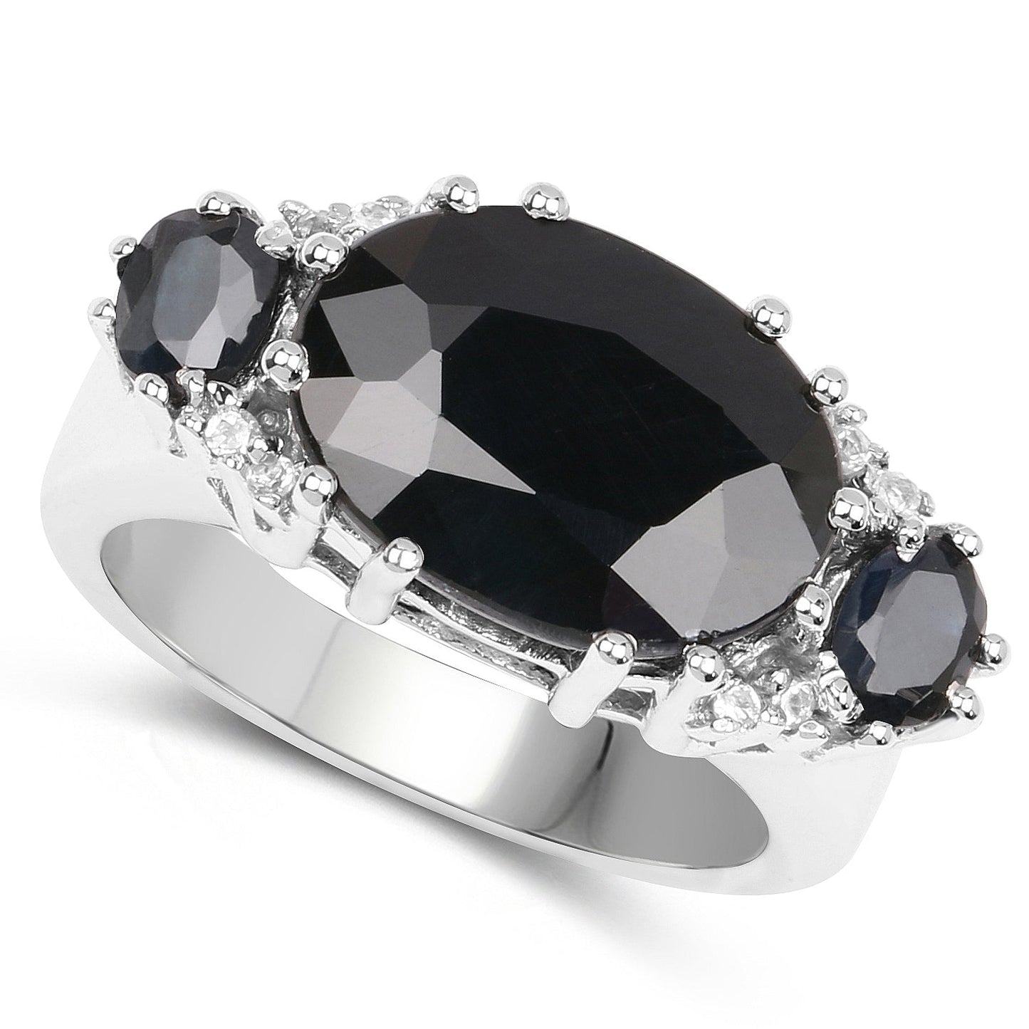 8.62 Carat Genuine Black Sapphire & White Topaz .925 Sterling Silver Ring