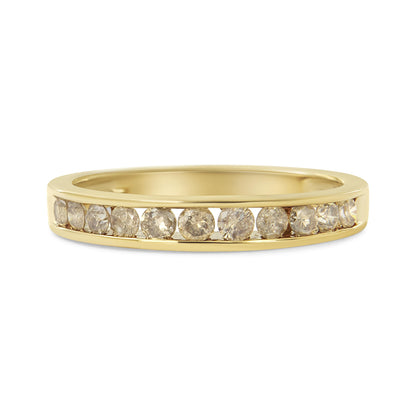 14K Yellow Gold Plated .925 Sterling Silver 1/2 Cttw Channel Set Round Champagne Diamond 11 Stone Band Ring (K-L Color, I1-I2 Clarity) - Size 7