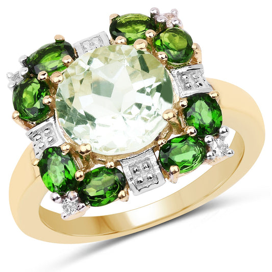 Bague en argent sterling 925 plaqué or jaune 14 carats avec améthyste verte véritable de 5,36 carats, diopside chromé et topaze blanche