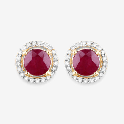 1.22 Carat Genuine Ruby and White Diamond 14K Yellow Gold Earrings