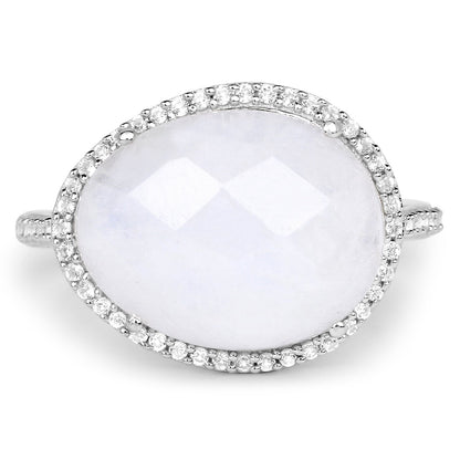 7.33 Carat Genuine White Rainbow Moonstone And White Topaz .925 Sterling Silver Ring
