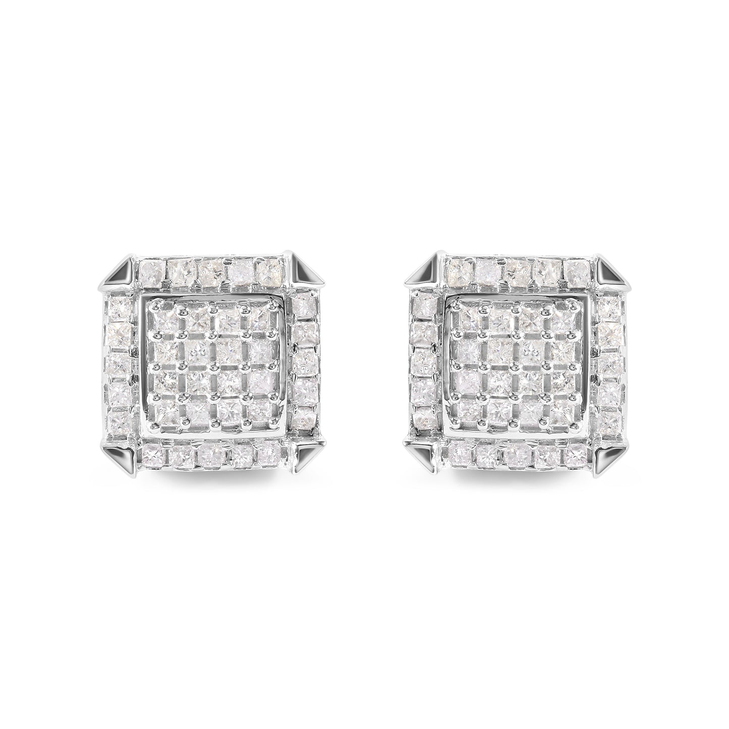 10K White Gold 1 1/10 Cttw Princess Diamond Composite and Halo Stud Earrings (I-J Color, I1-I2 Clarity)