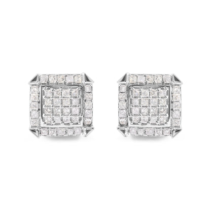 10K White Gold 1 1/10 Cttw Princess Diamond Composite and Halo Stud Earrings (I-J Color, I1-I2 Clarity)