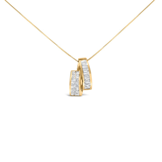 Collier pendentif double barrette en or jaune 14 carats avec diamants taille princesse et baguette 1,62 ct (couleur G-H, pureté VS2-SI1) - 45,7 cm