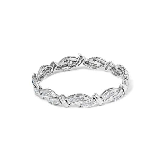 Bracelet lien en or blanc 14 carats avec diamants taille princesse sertis invisibles, style vague, 4,0 carats (couleur H-I, clarté SI2-I1) - 17,78 cm