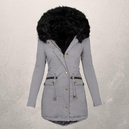 Medium Length Hooded Cotton Padded Jacket with Wool Collar