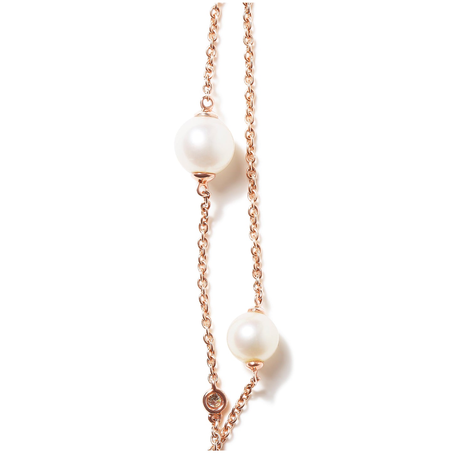 18K Rose Gold 1/2 Cttw Diamond and Freshwater Pearl Double Strand Station Necklace  (G-H Color, SI1-SI2 Clarity) - Adjustable up to 16" to 20"