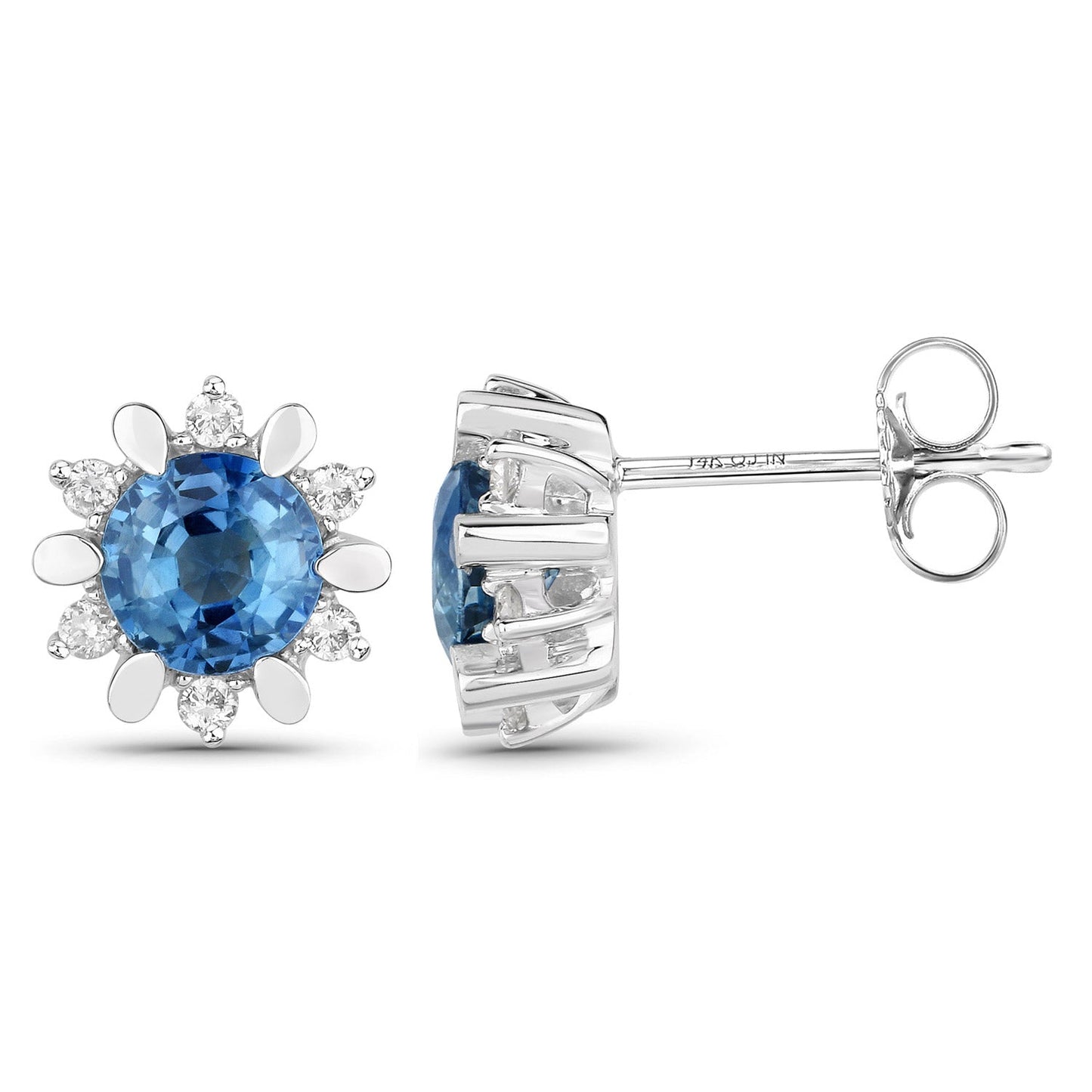 1.87 Carat Genuine Blue Sapphire and White Diamond 14K White Gold Earrings