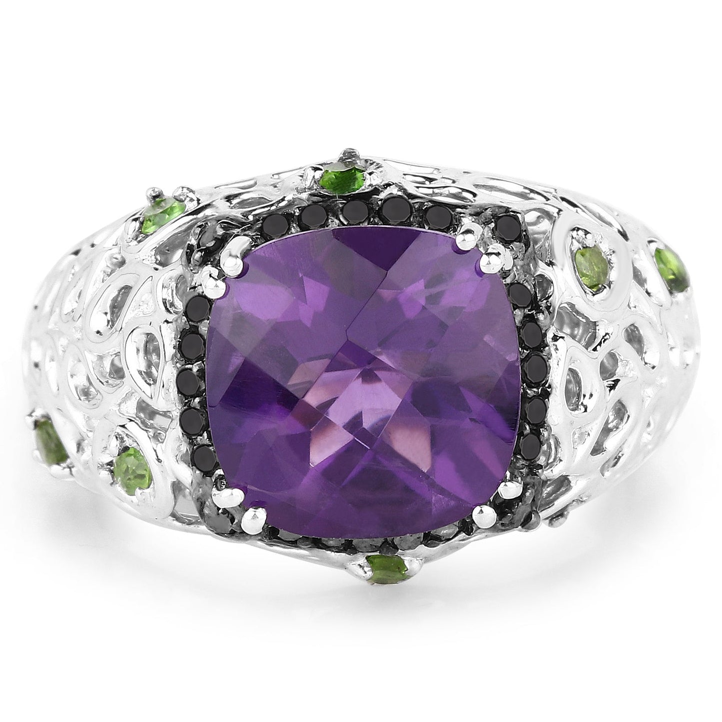 3.27 Carat Genuine Amethyst, Chrome Diopside & Black Diamond .925 Sterling Silver Ring