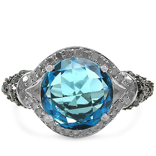 4.96 Carat Genuine Blue Topaz, Blue Diamond & White Diamond .925 Sterling Silver Ring