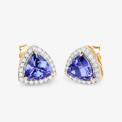 3.82 Carat Genuine Tanzanite and White Diamond 14K Yellow Gold Earrings