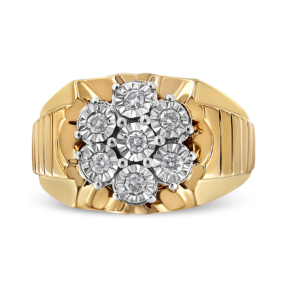 Men's 14K Yellow Gold Plated .925 Sterling Silver 1/3 Cttw Miracle-Set Floral Diamond Cluster Ring (I-J Color, I1-I2 Clarity) - Size 10