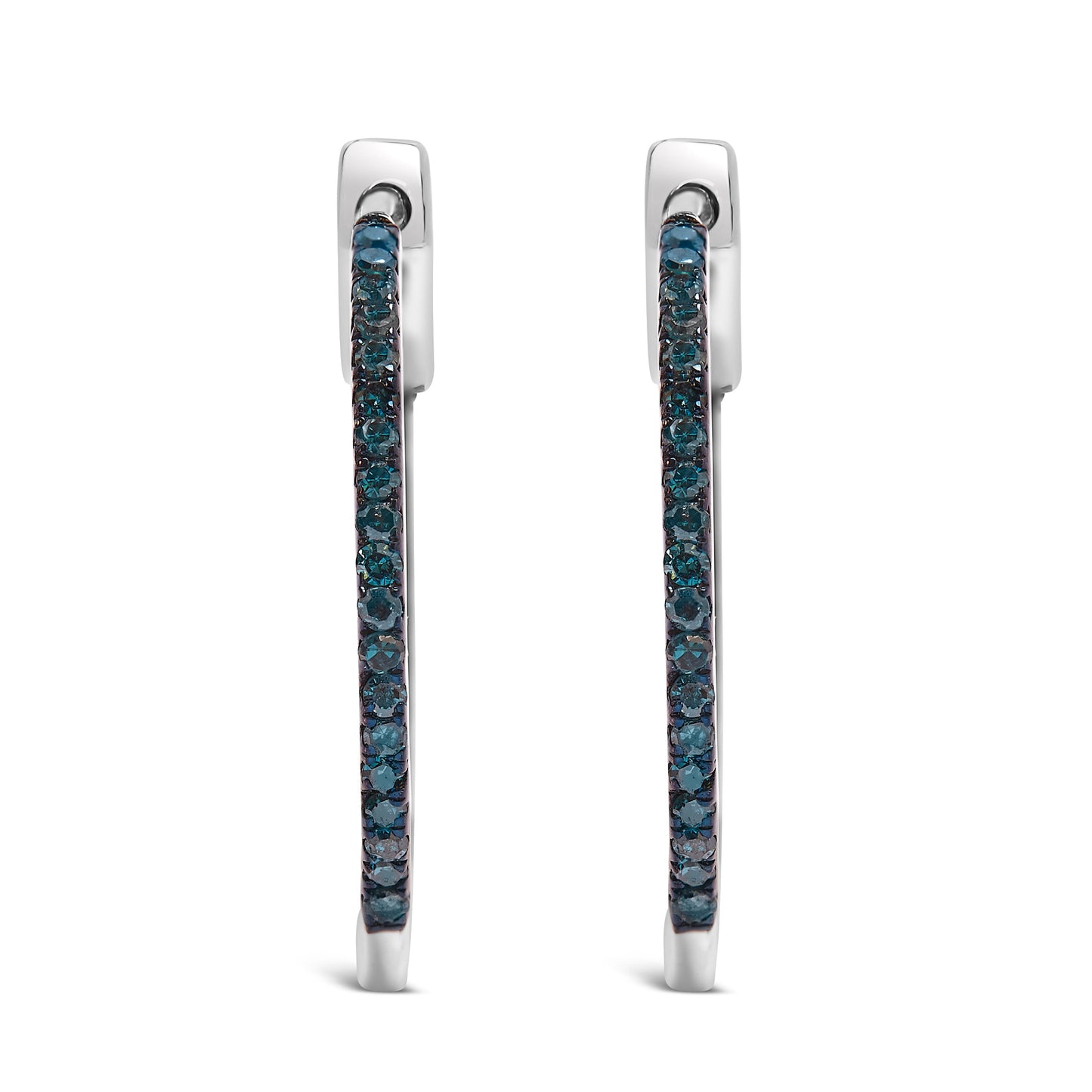 .925 Sterling Silver 1/3 Cttw Inside Out Blue Treated Diamond 1MM Wide Hoop Earrings (Blue Color, I2-I3 Clarity)