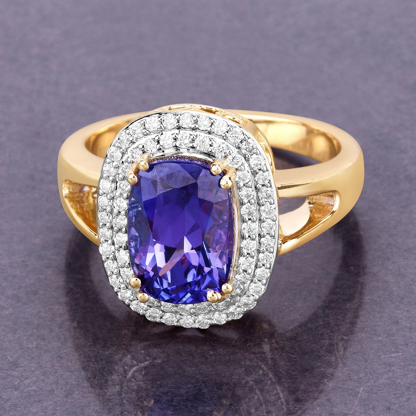 3.33 Carat Genuine Tanzanite and White Diamond 14K Yellow Gold Ring